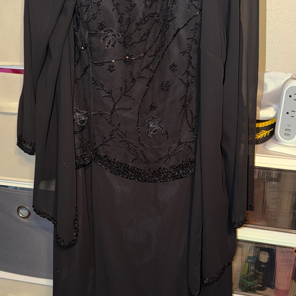 Elegant Black Beaded Dress with Shawl